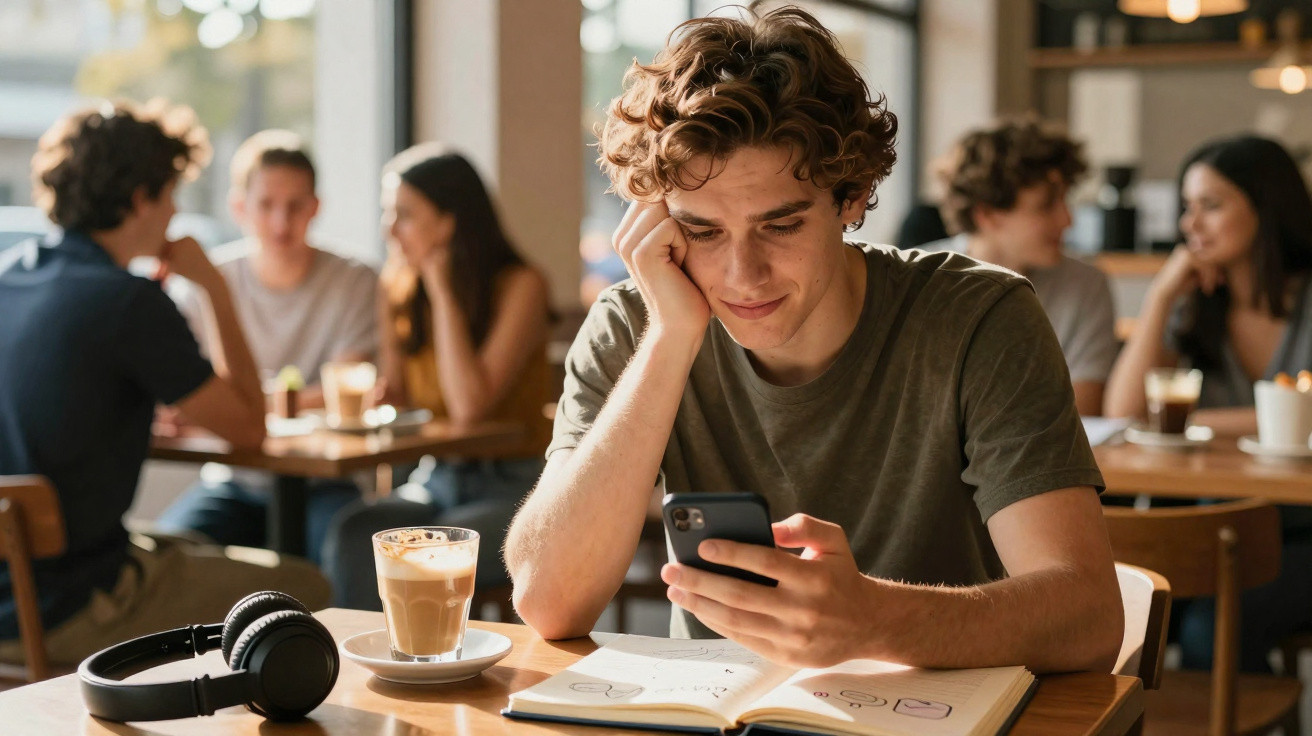 Jovem sentado num café, a olhar para o telemóvel com um caderno e um café à sua frente.