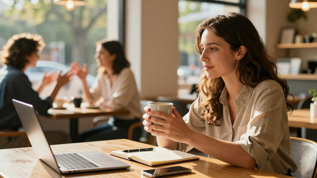 Mulher sentada num café com um computador, segurando uma chávena e olhando para o ecrã.