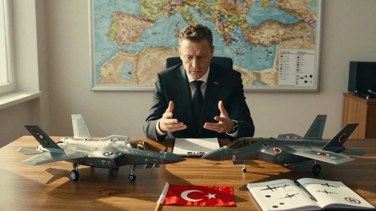 Homem de fato sentado à mesa com modelos de aviões de combate e bandeira da Turquia, mapa da Europa ao fundo.