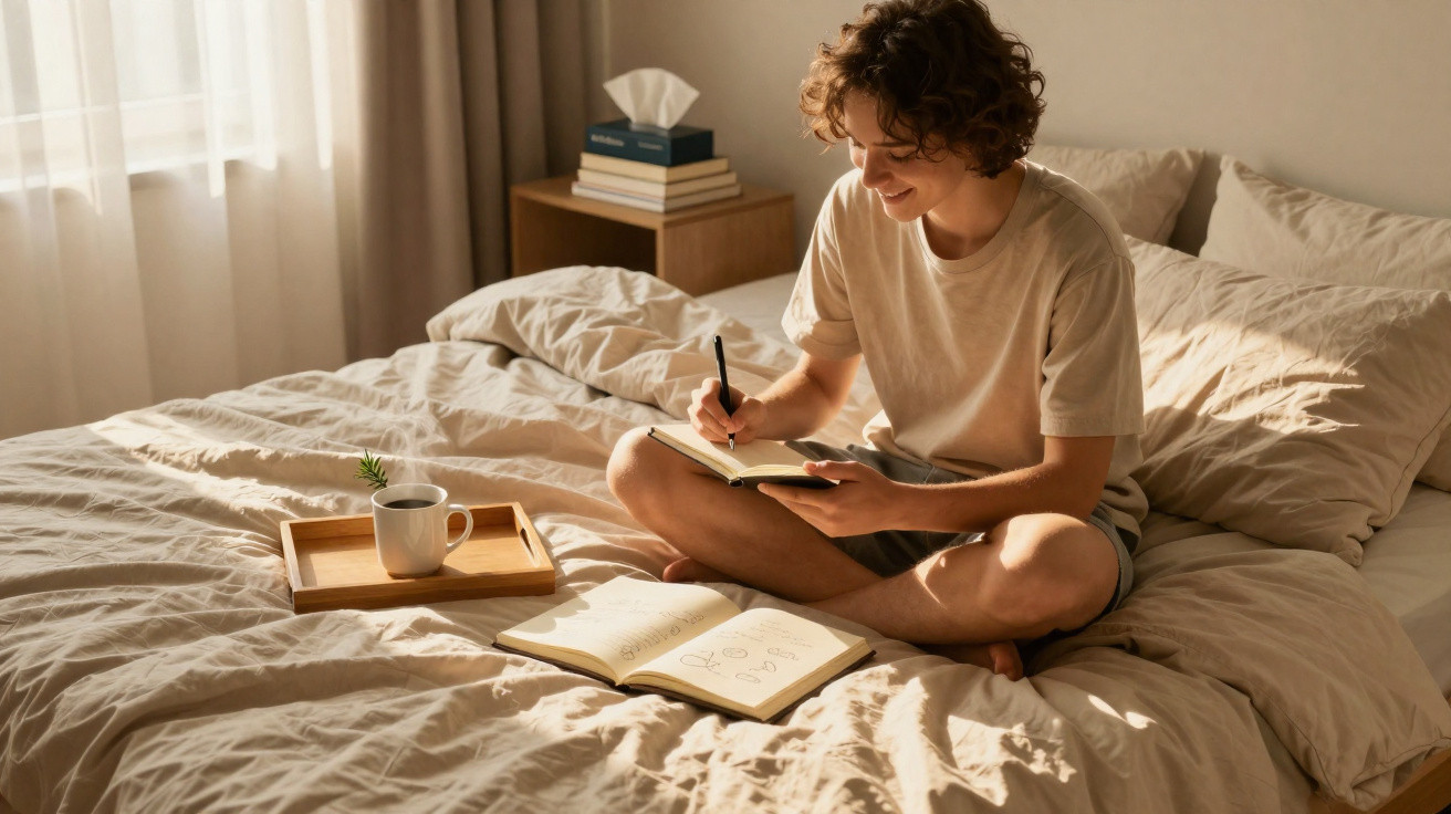 Pessoa sentada na cama, sorrindo, a escrever num caderno com um livro aberto ao lado e uma chávena numa bandeja.