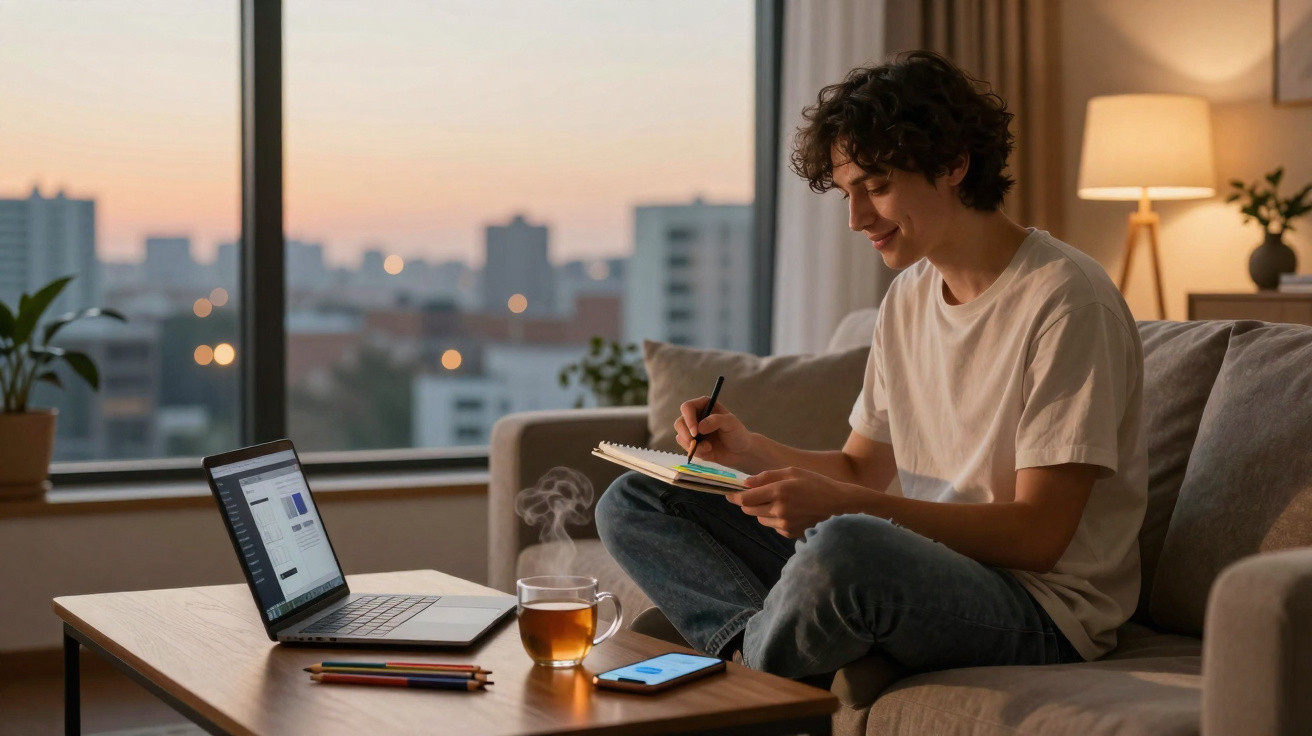 Jovem sentado no sofá a fazer apontamentos, com computador portátil e chá numa mesa à frente, ao pôr do sol.