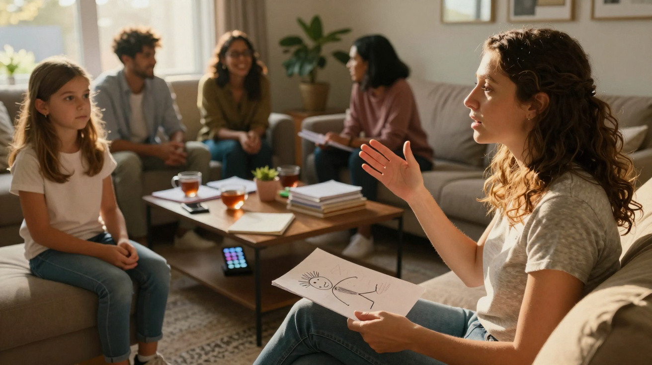 Mulher falando para grupo sentado em sala, segurando desenho de uma figura humana simples.