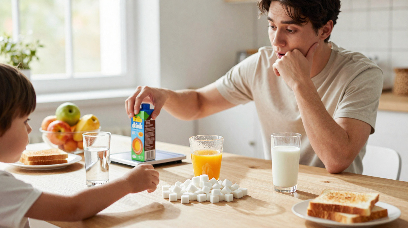Homem e criança sentados à mesa com copos de leite, sumo, pão e cubos de açúcar à frente.