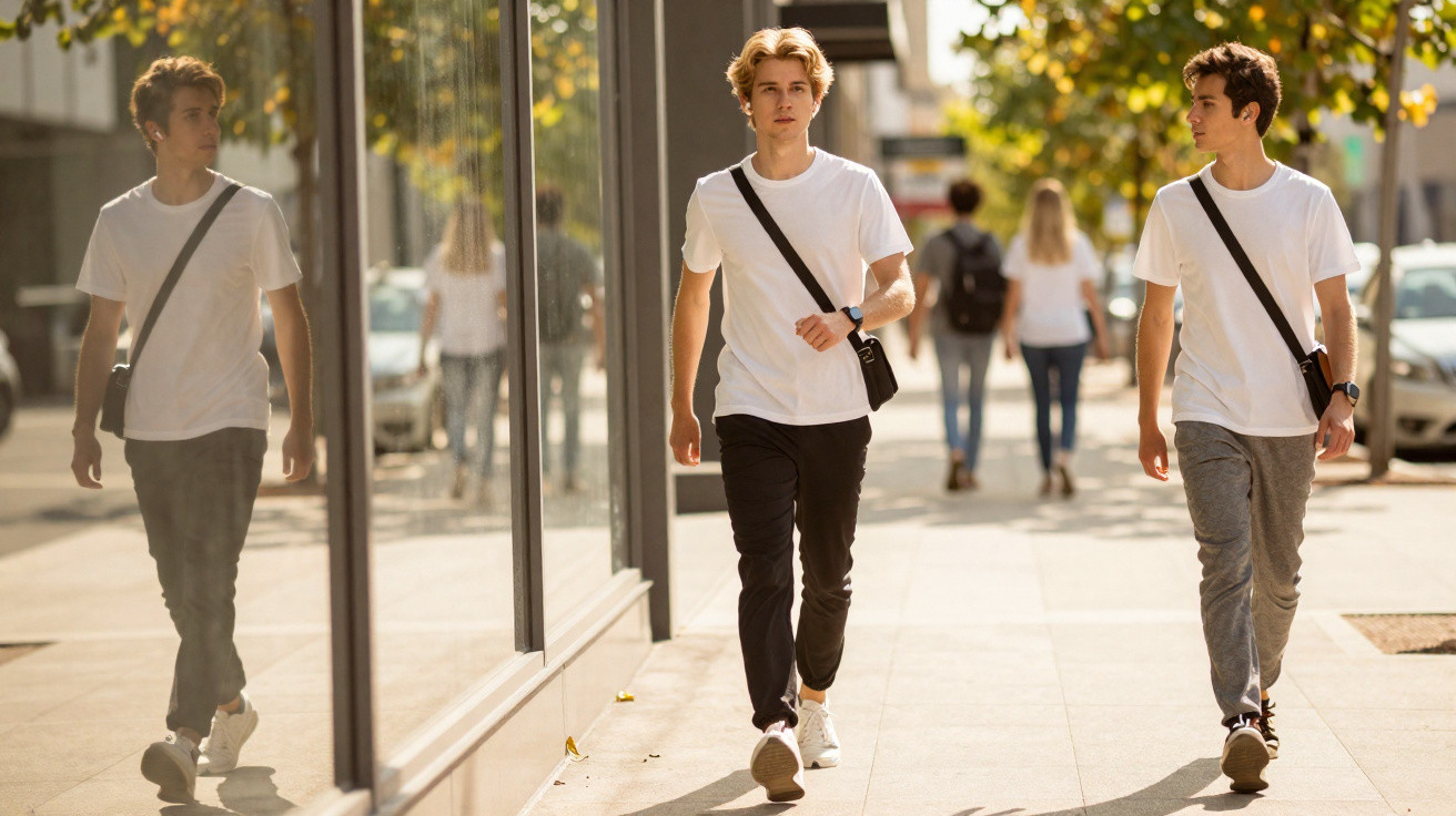 Dois jovens com t-shirts brancas e calças a caminhar numa rua urbana com árvores e carros ao fundo.