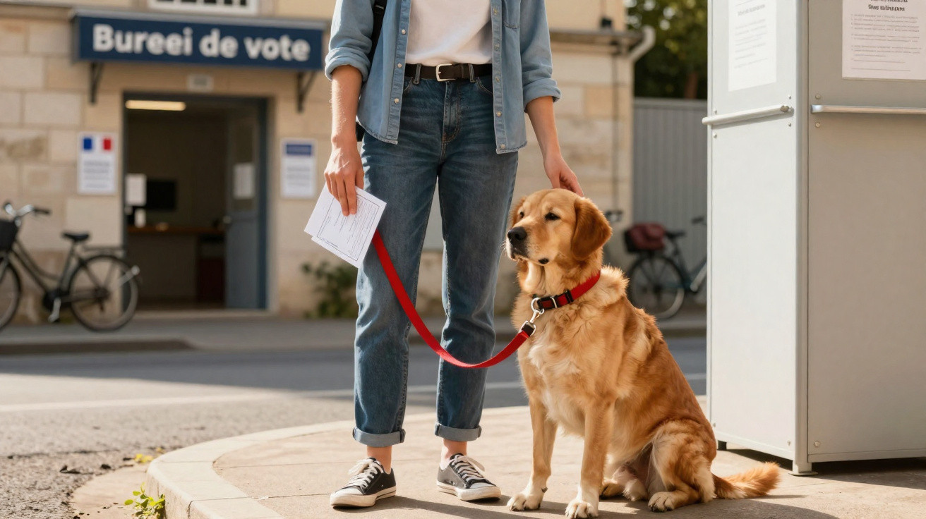 Pessoa segurando uma trela vermelha com um cão Golden Retriever sentado à sua esquerda junto a um local de votação.