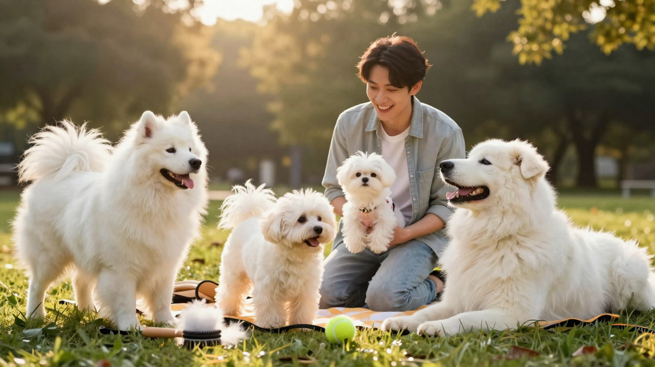 Pessoa sorridente rodeada por quatro cães brancos num parque ensolarado ao entardecer.