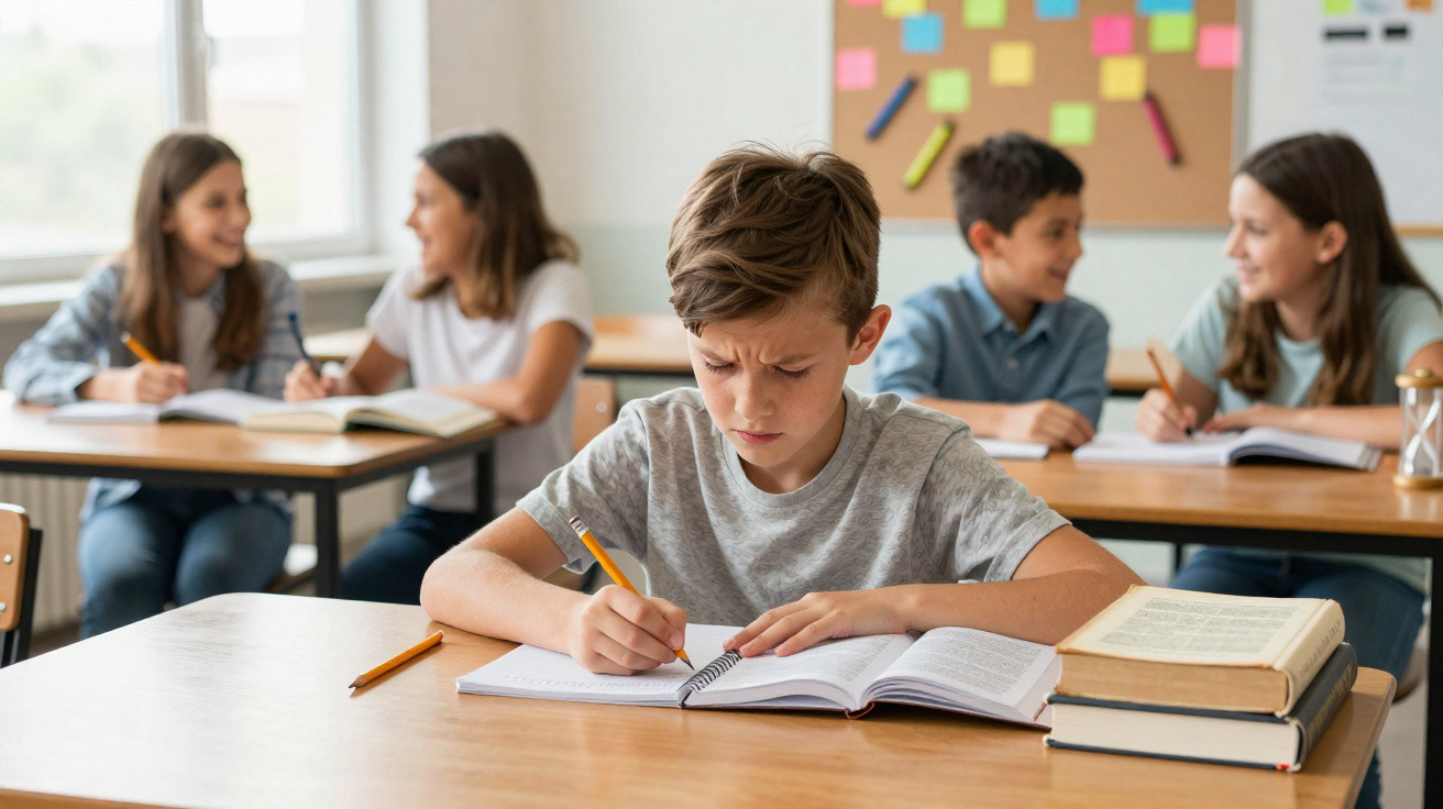 Aluno concentrado a escrever numa sala de aula com outros alunos ao fundo a conversar e estudar.