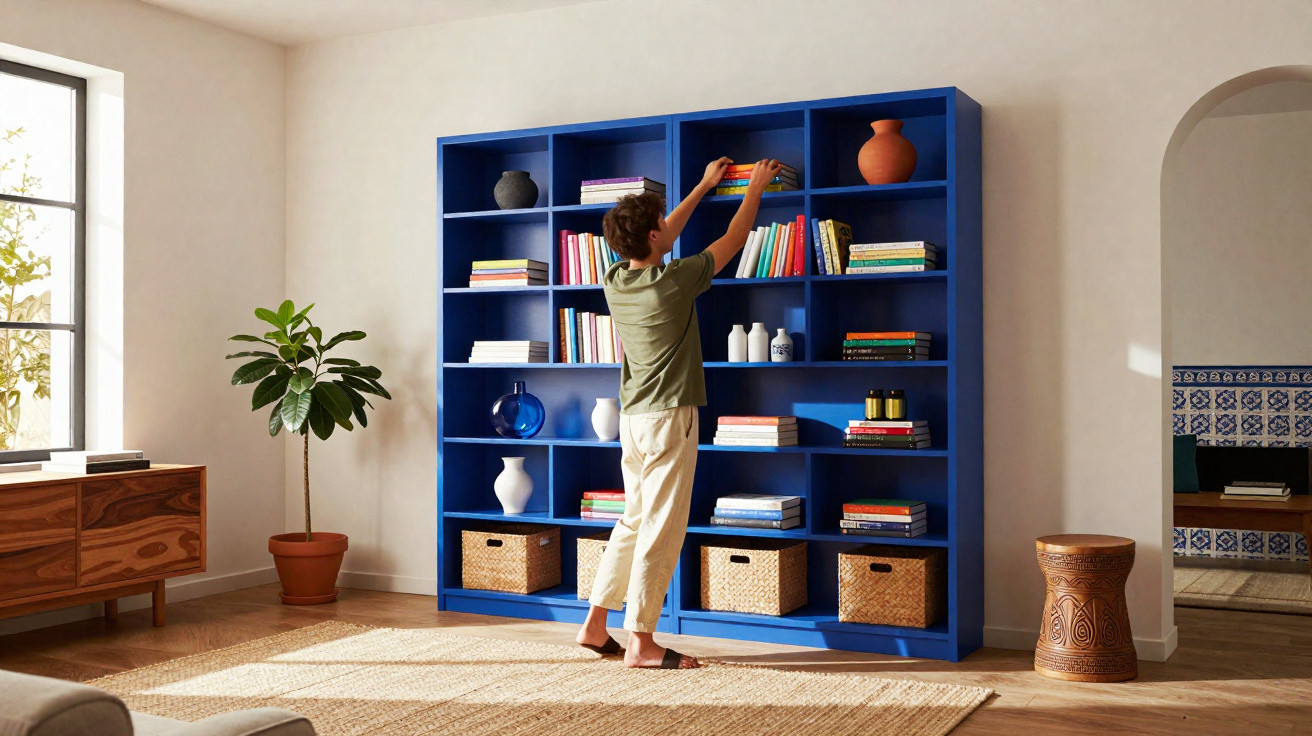 Pessoa a arrumar livros numa estante azul numa sala luminosa com plantas e mobiliário em madeira.