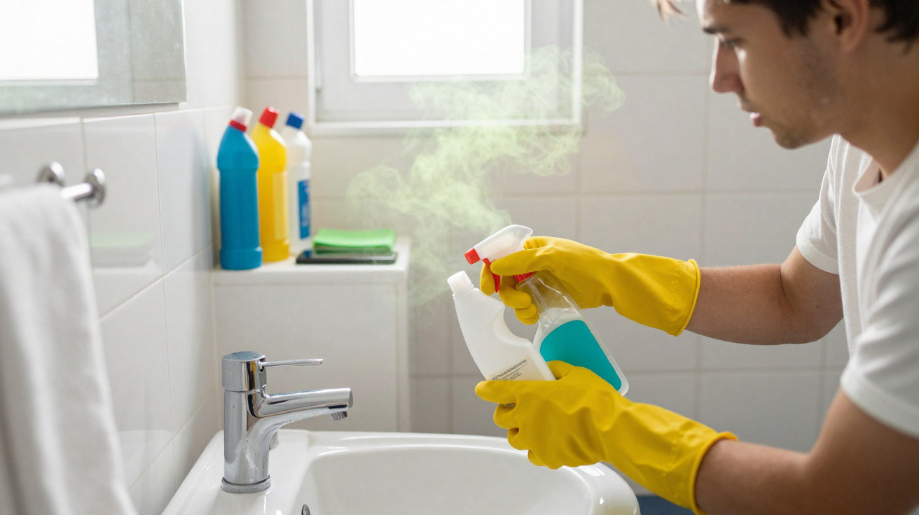 Homem com luvas amarelas a preparar produtos de limpeza num lavatório branco de casa de banho.