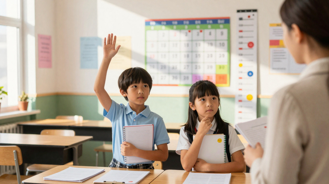 Dois alunos sentados numa sala de aula, um rapaz levanta a mão enquanto uma professora os observa.