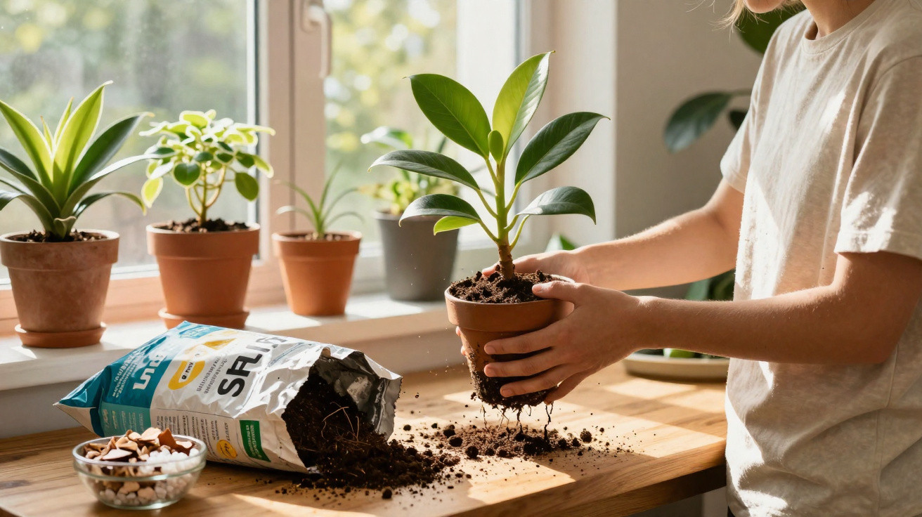 Pessoa a transplantar planta em vaso com terra, perto de janela iluminada e várias plantas em vasos.