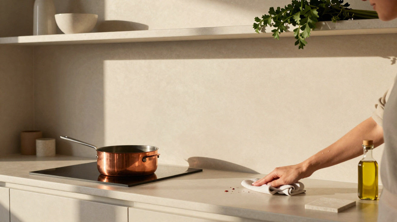 Mão a limpar bancada de cozinha clara com pano, tacho de cobre no fogão e garrafa de azeite.