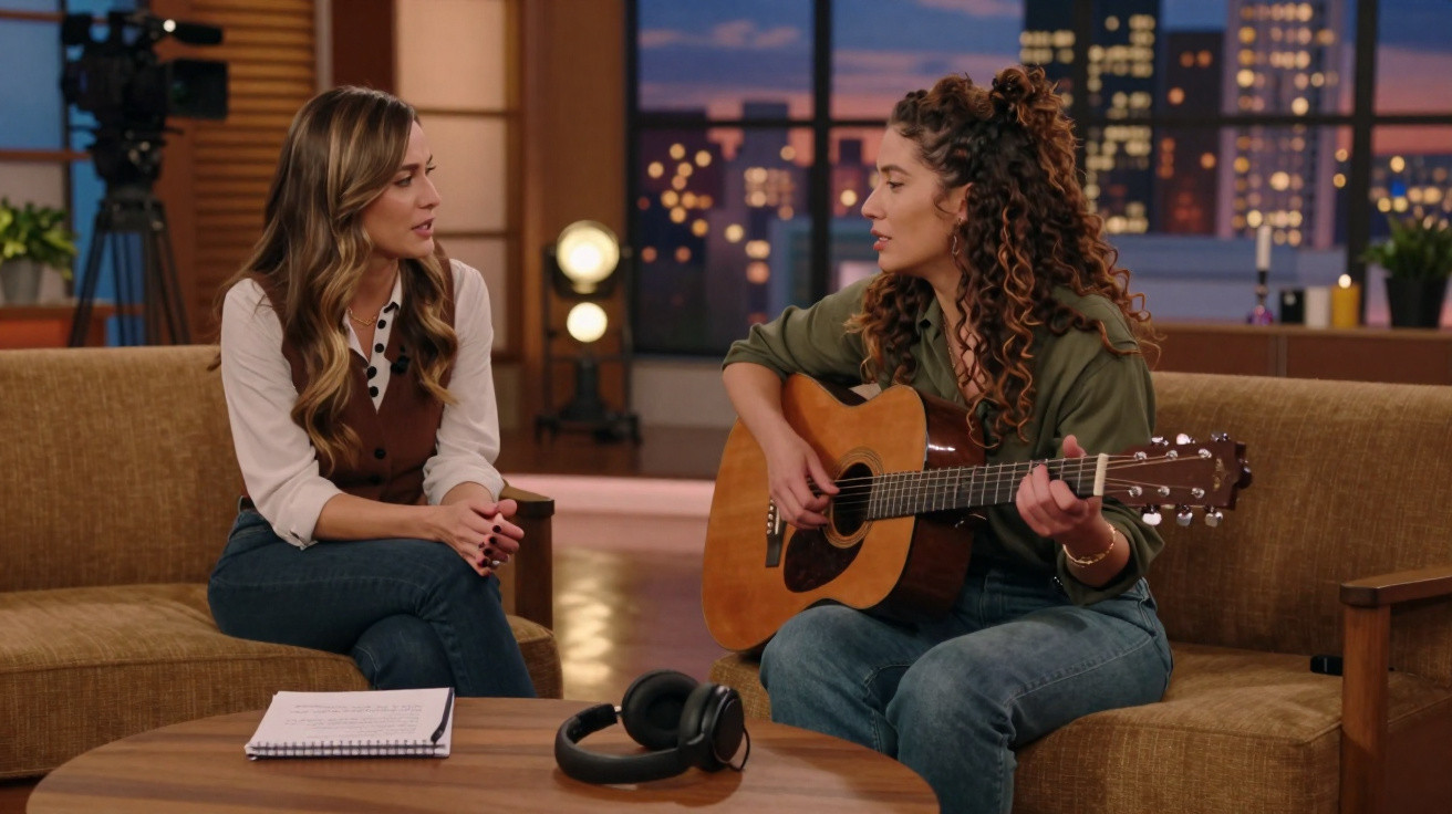 Duas mulheres sentadas em sofá, uma a tocar guitarra e a outra a ouvir, em ambiente acolhedor com iluminação quente.