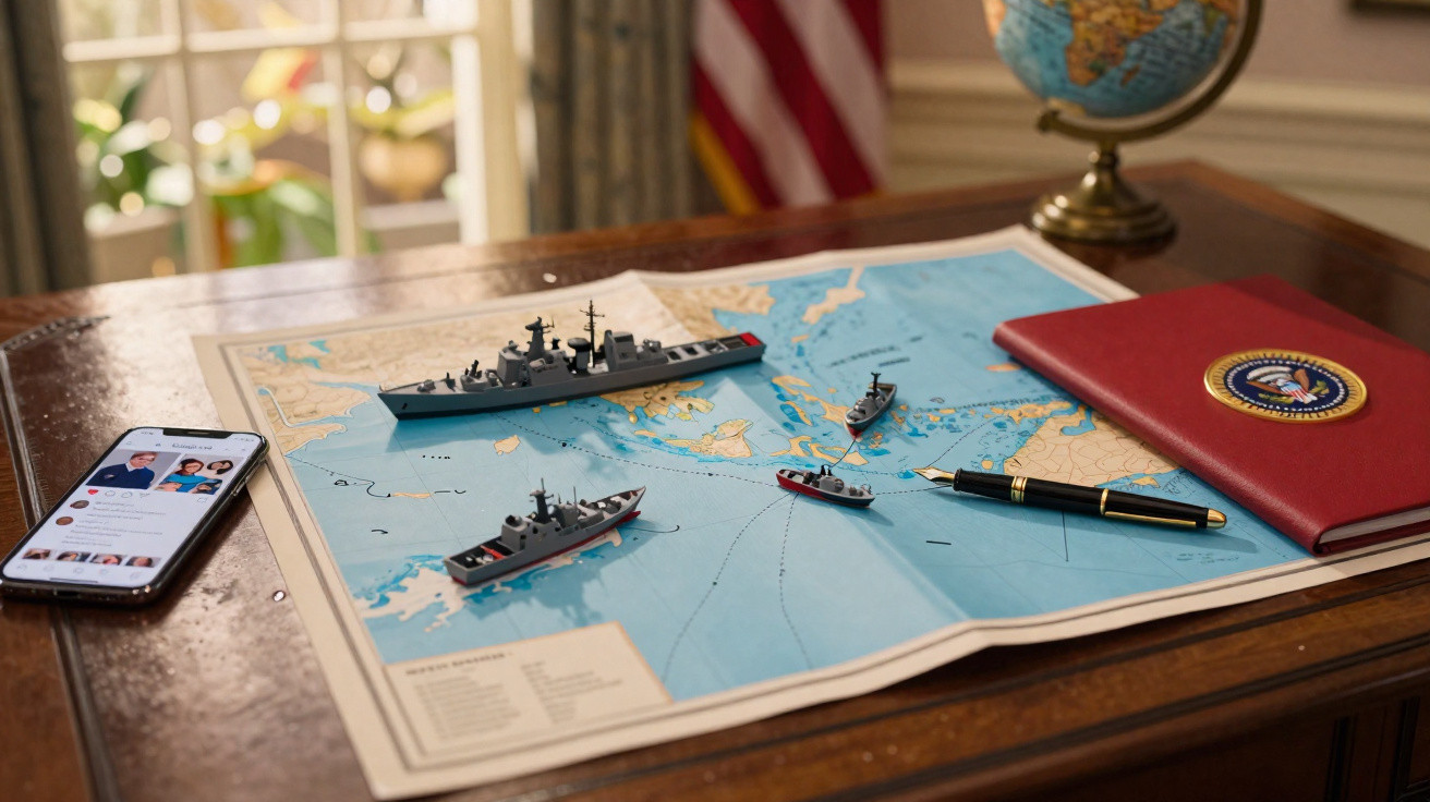 Mapa náutico com modelos de navios de guerra, uma caneta, um globo e um telemóvel numa secretária de madeira.
