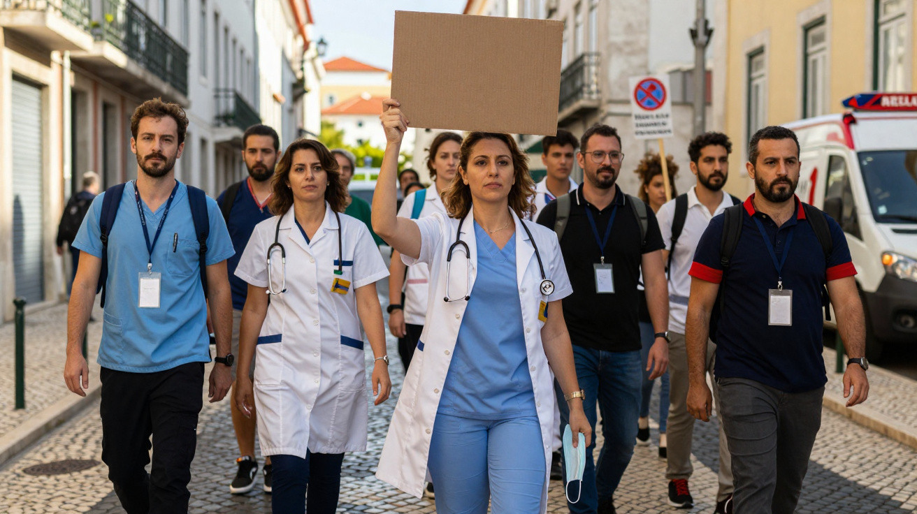 Grupo de profissionais de saúde e pessoas em manifestação numa rua urbana, mulher com cartaz vazio.