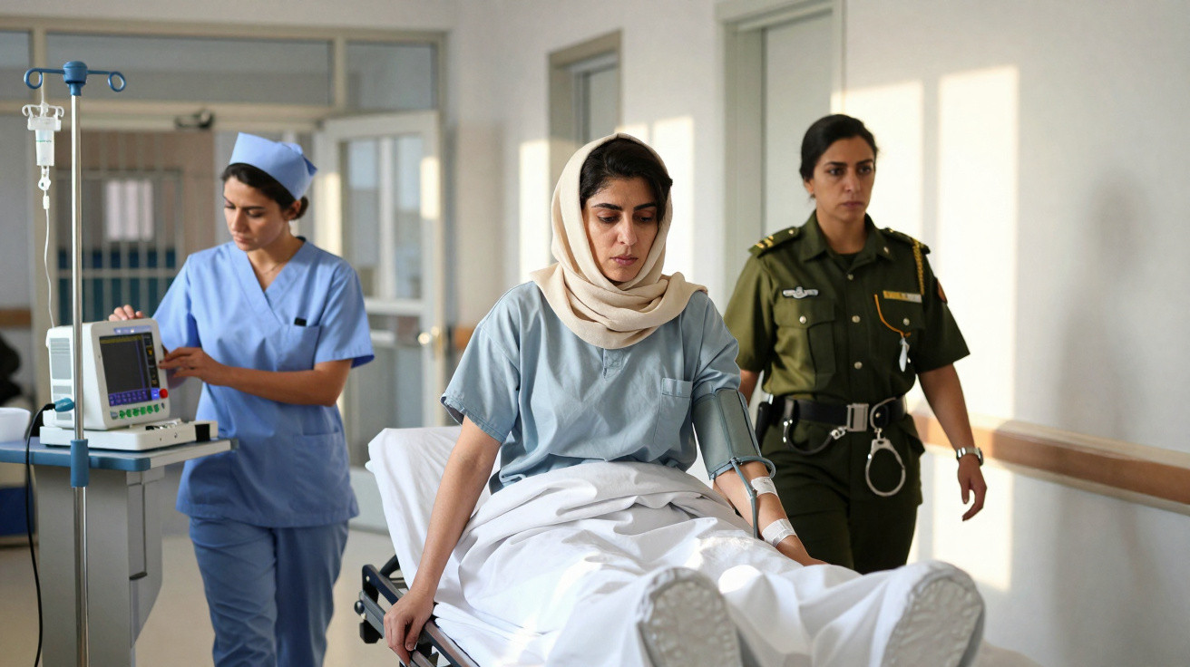 Mulher com uniforme hospitalar numa maca com soro, acompanhada por enfermeira e agente policial no corredor do hospital.