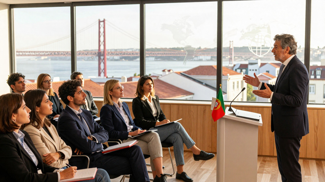 Homem a discursar numa sala com audição atenta e vista do rio Tejo e da ponte 25 de Abril ao fundo.