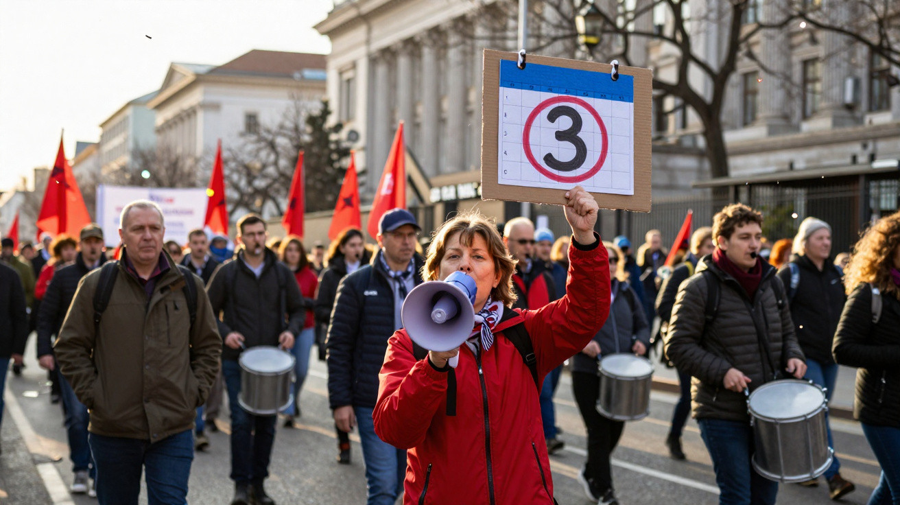Manifestação nas ruas com pessoas a tocar tambores e mulher a segurar placa com o número 3.