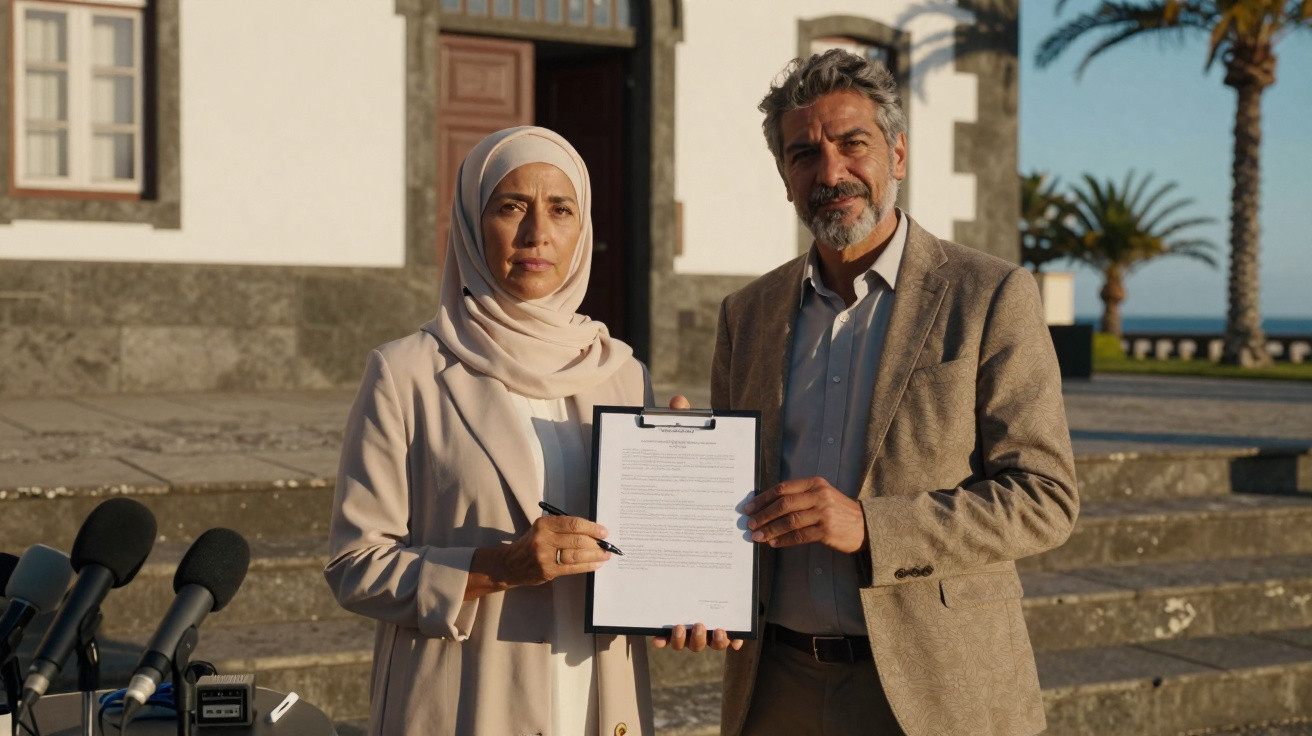 Duas pessoas, uma mulher de hijab e um homem, mostram documento assinado em evento ao ar livre.