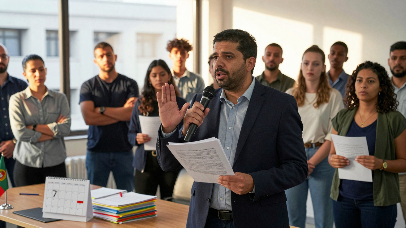 Homem a falar ao microfone numa reunião de grupo num escritório com várias pessoas a escutar.
