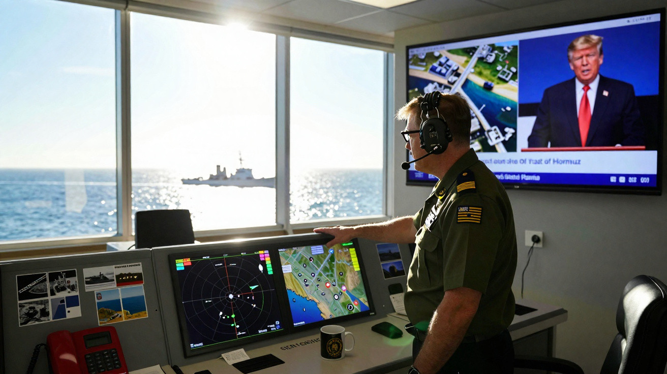 Homem com fones de ouvido e uniforme naval observa mapas digitais e navio no mar através de janelas largas.