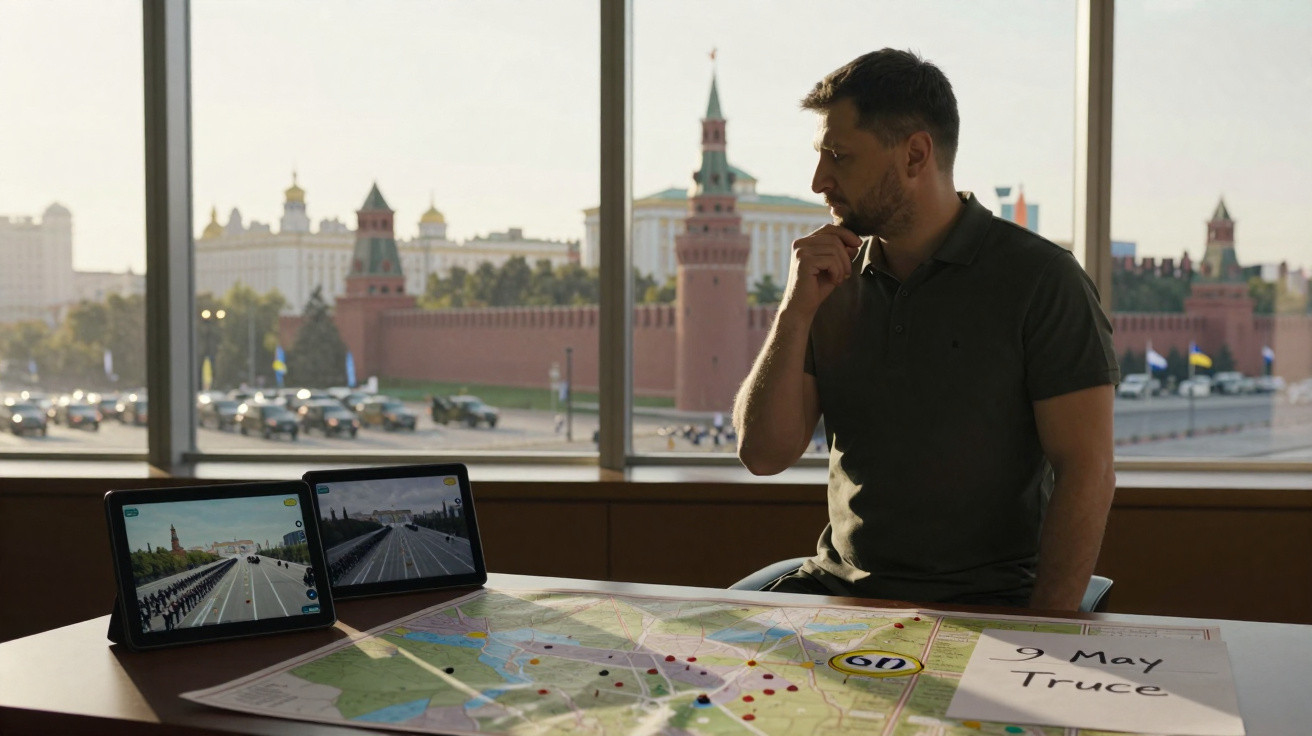 Homem pensativo numa sala com mapa e tablets, vista da praça Vermelha em Moscovo ao fundo.
