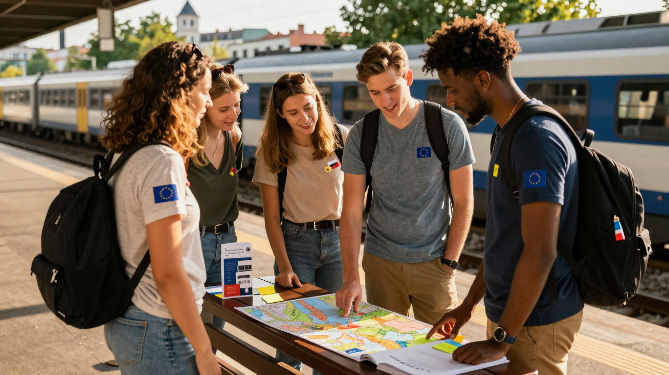 Grupo de jovens junto a uma mesa na estação de comboios, a planear uma viagem com mapas e documentos.