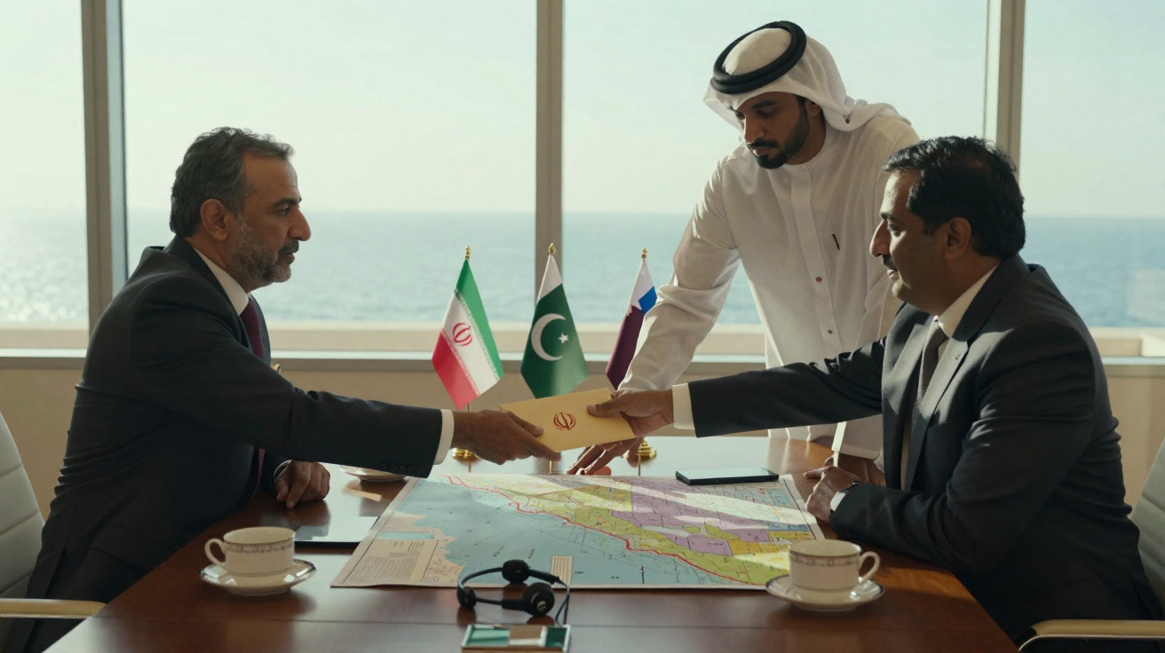 Homens em traje formal trocando documentos numa mesa com mapa, bandeiras do Irão, Paquistão e Qatar ao centro.