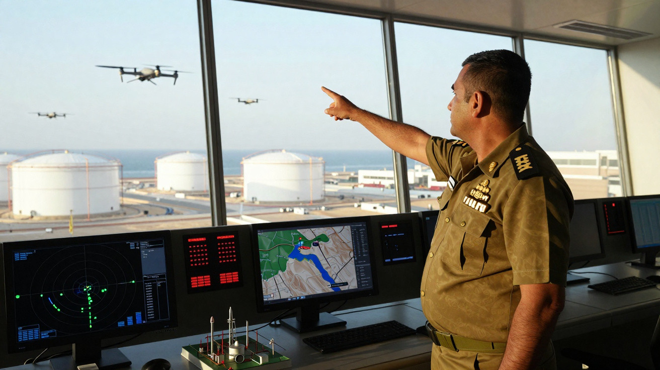Homem fardado numa torre de controlo a apontar drones voando sobre tanques industriais junto ao mar.