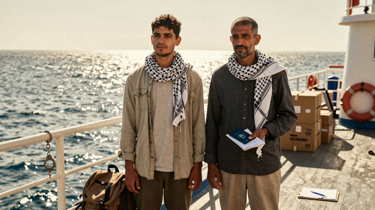 Dois homens com lenços palestinianos estão no convés de um barco com mar ao fundo.