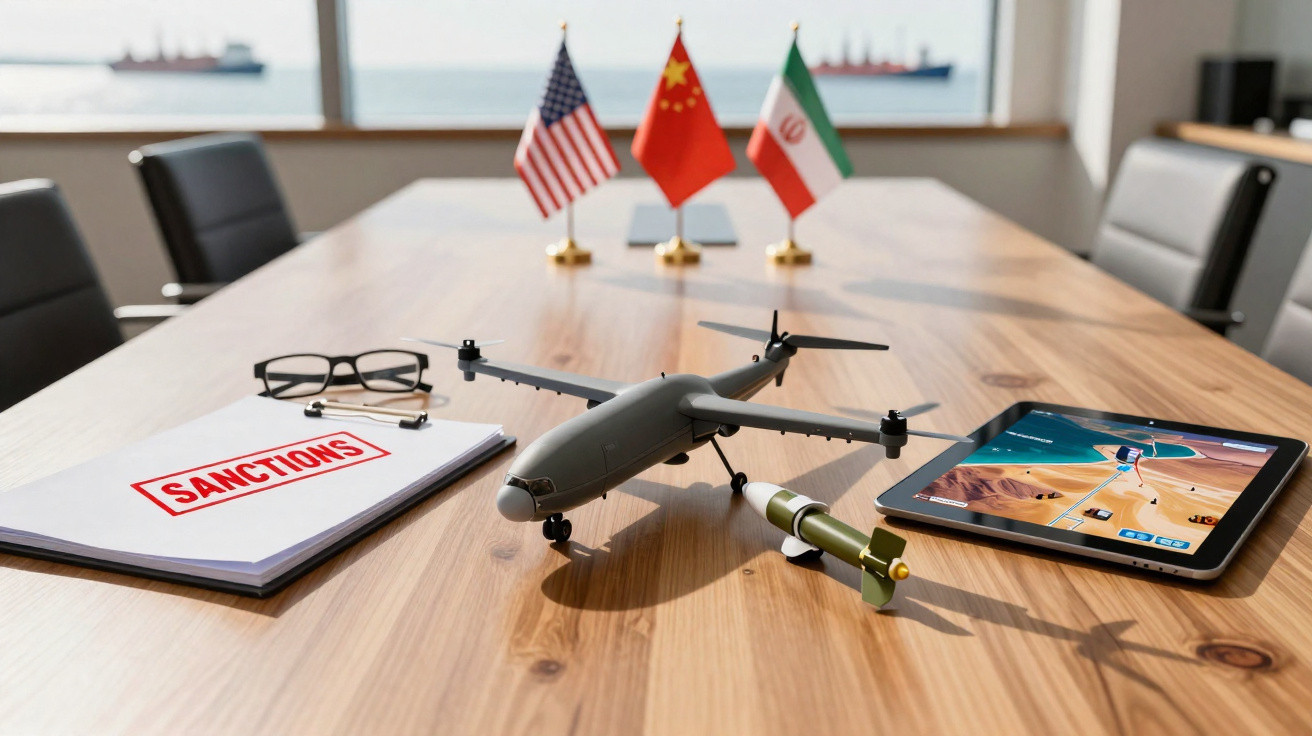 Mesa de reunião com drones militares, pasta com selo "SANCTIONS", óculos, tablet e bandeiras dos EUA, China e Irão.