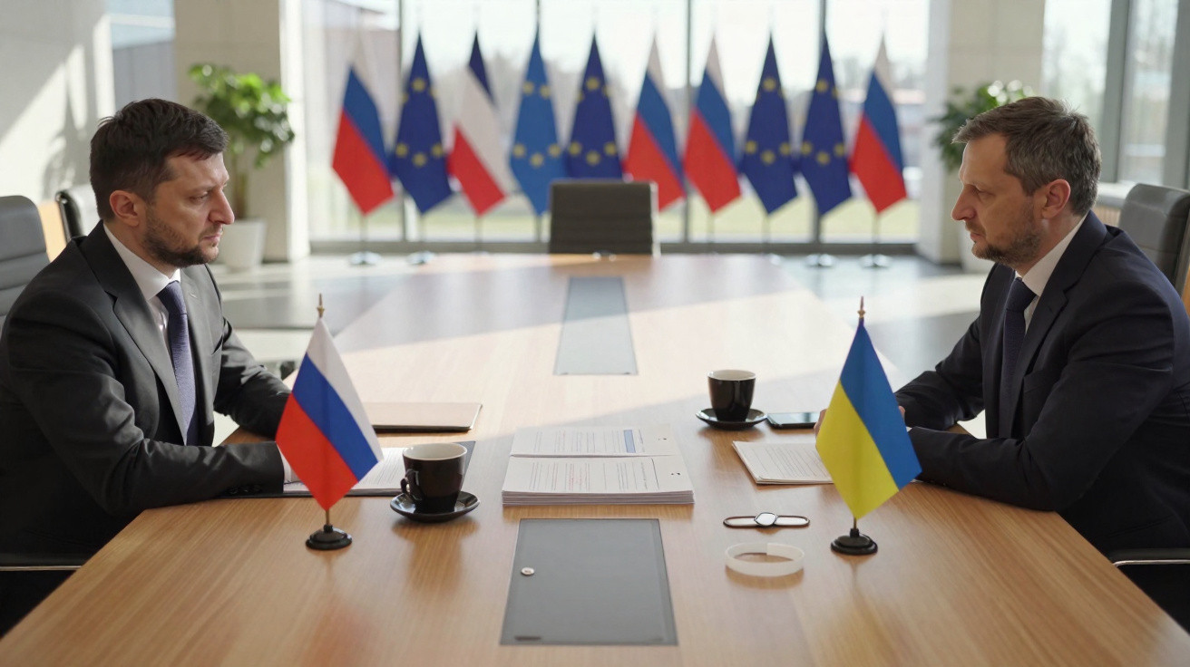 Dois homens em reunião formal sentados frente a frente com bandeiras da Rússia e Ucrânia numa sala de conferências.
