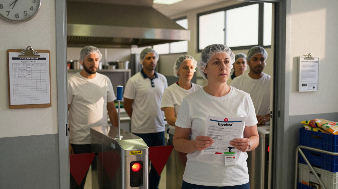 Funcionária com touca e documento na mão, seguida por equipa num espaço de cozinha industrial.