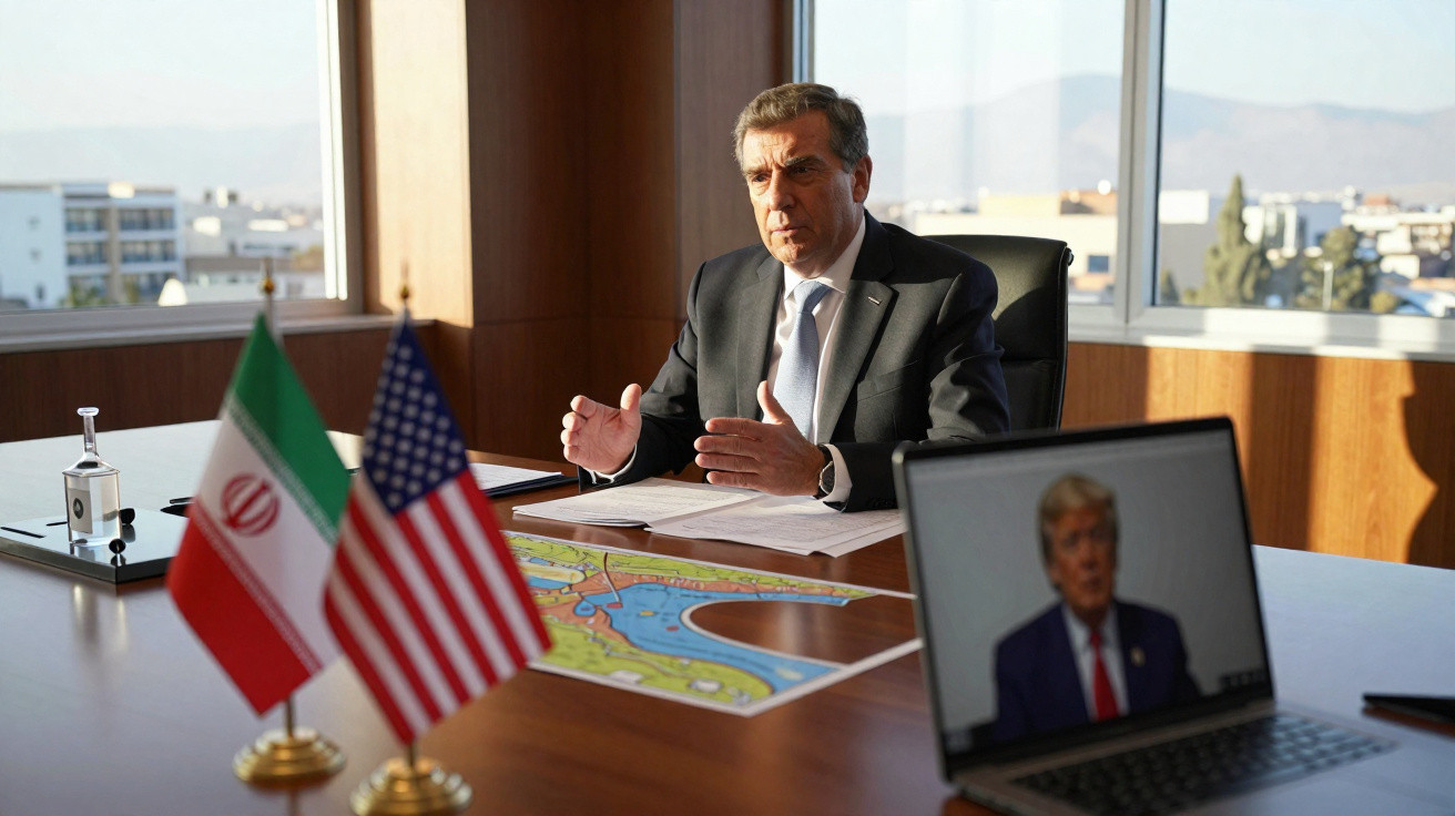 Homem de fato numa reunião virtual, com bandeiras do Irão e dos EUA na secretária e mapa sobre a mesa.