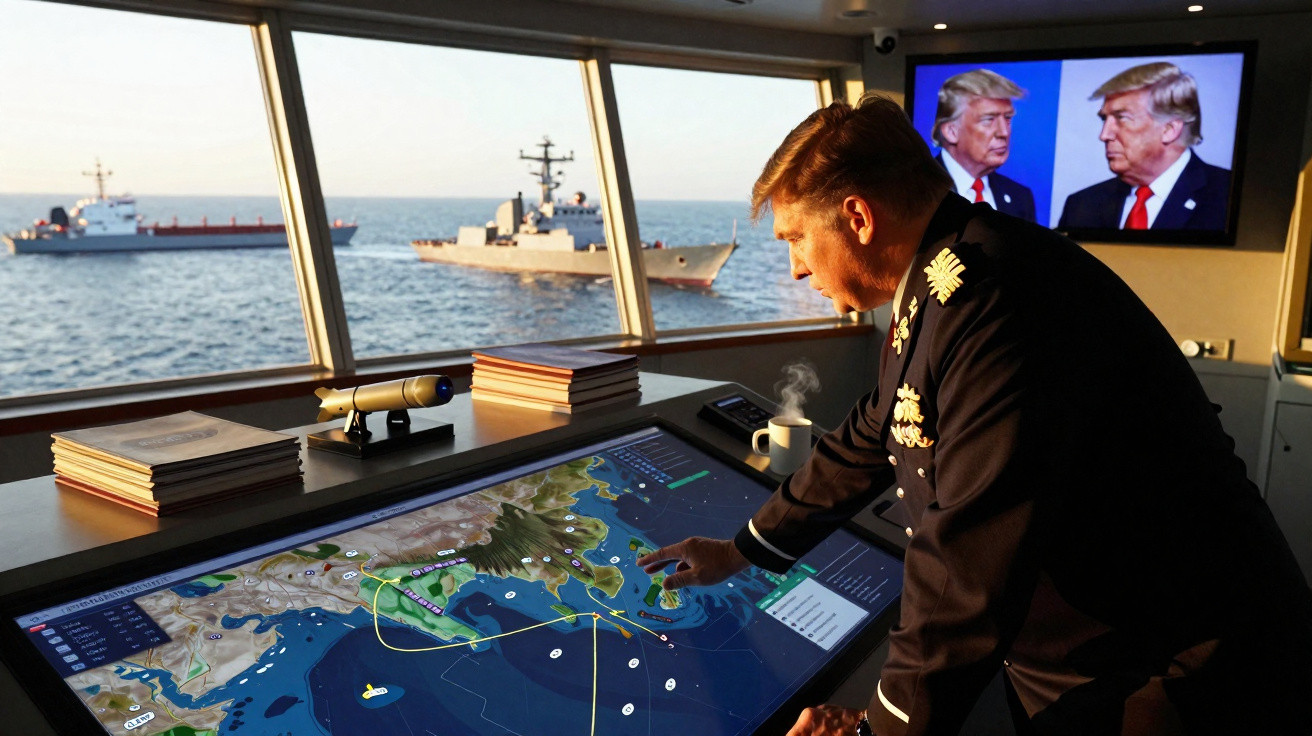 Homem em uniforme militar analisa mapas digitais numa sala de comando com navios no mar ao fundo.