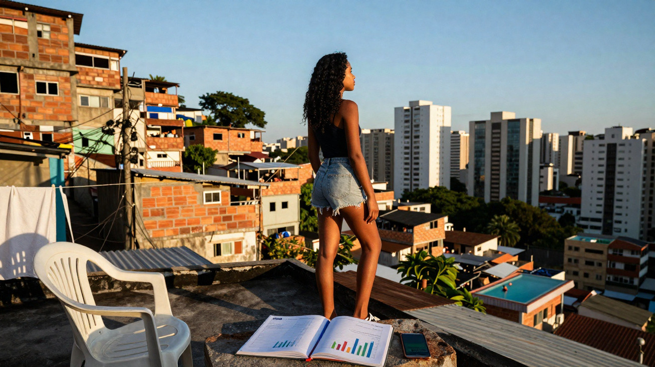 Jovem de pé numa varanda com roupas casuais, olhando para um bairro com prédios e casas ao pôr do sol.