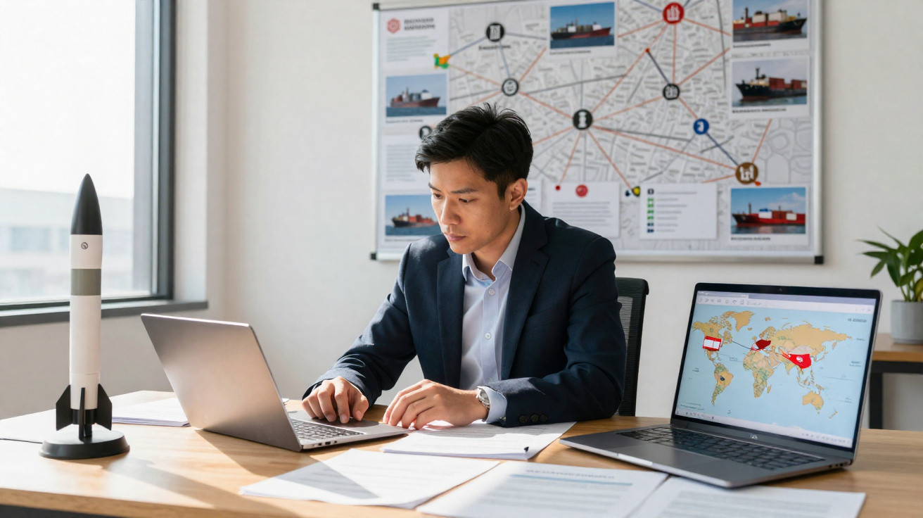 Homem de negócios asiático atento a computador portátil, com laptops e mapa do mundo num escritório moderno.