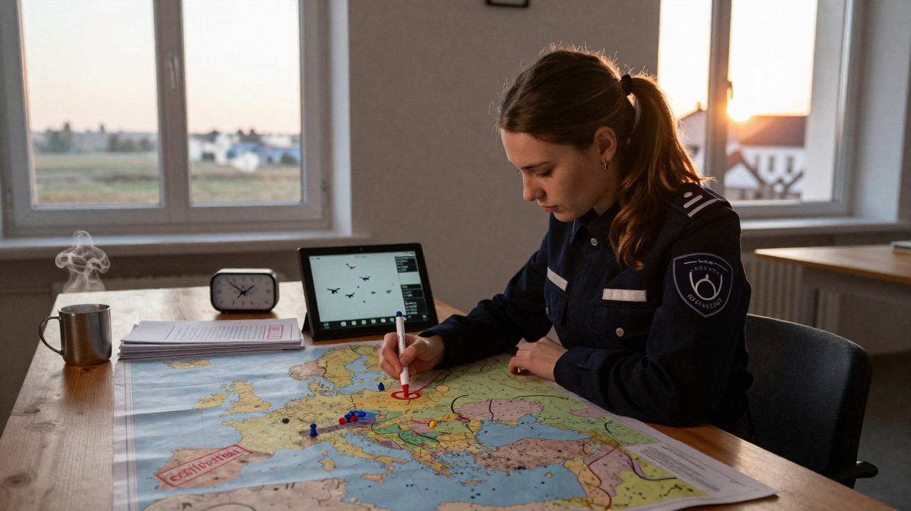 Mulher de uniforme a marcar pontos num mapa de Europa, numa sala com luz natural ao fim do dia.