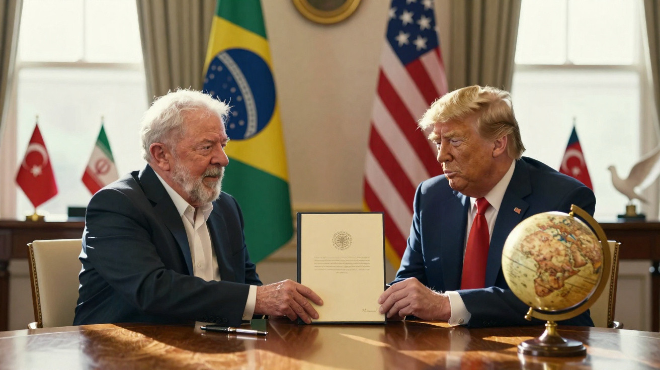 Dois homens sentados à mesa, com bandeiras do Brasil e Estados Unidos ao fundo, segurando um documento.