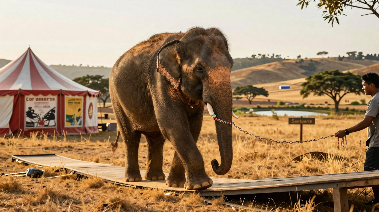 Elefante preso por corrente é conduzido por pessoa num campo seco com tenda de circo ao fundo.