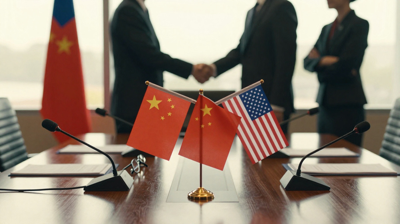 Bandeiras da China e dos EUA numa mesa de reuniões, com quatro pessoas a formalizar acordo ao fundo.