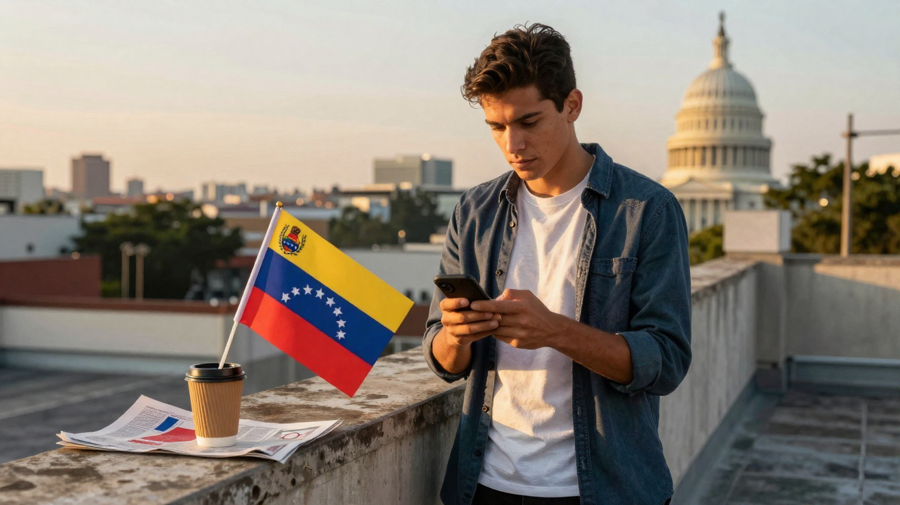 Jovem ao ar livre numa varanda com bandeira da Venezuela, chávena de café e edifícios ao fundo.