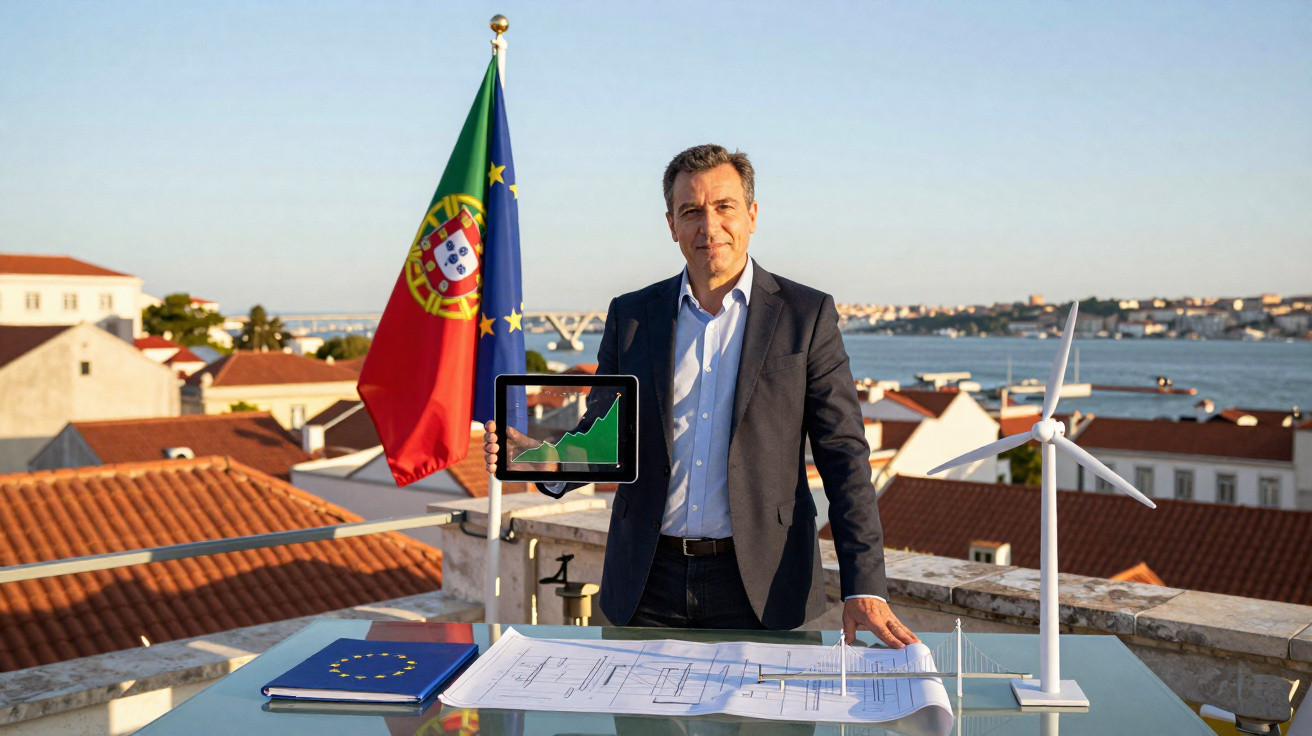 Homem em fato com tablet com gráfico, em terraço com bandeiras de Portugal e UE, com miniatura de turbina eólica e planos.