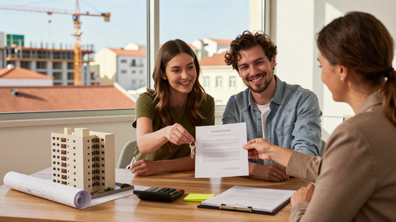 Jovem casal a assinar contrato de compra de casa com agente imobiliário num escritório.