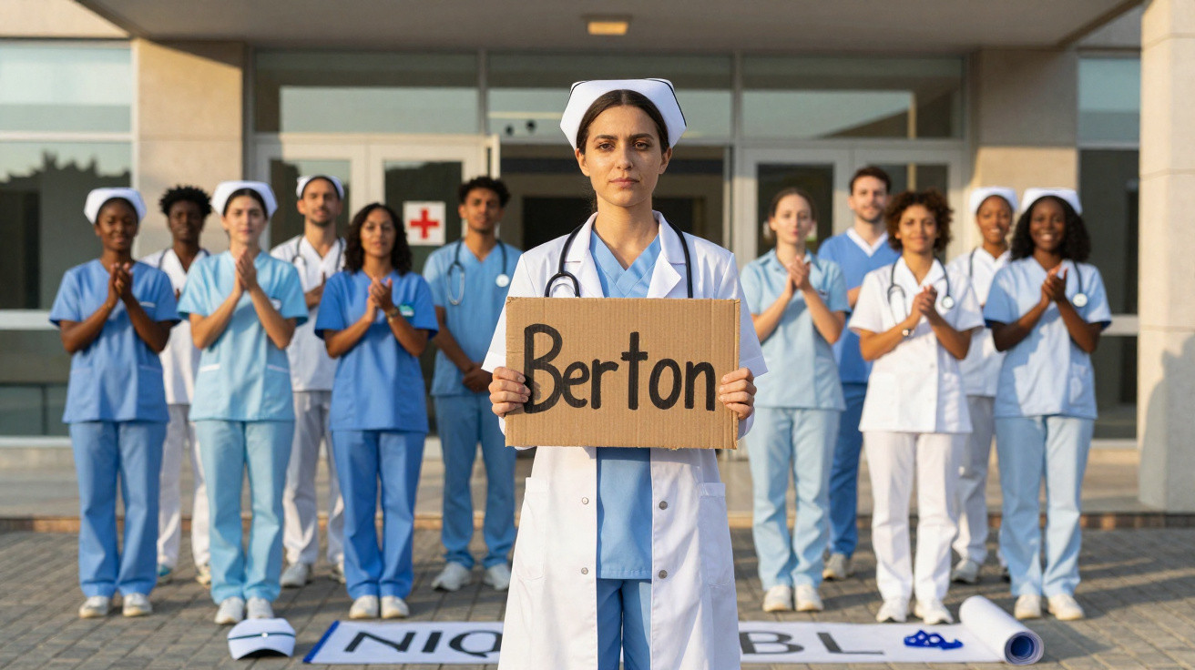 Grupo de profissionais de saúde em uniforme, com enfermeira à frente a segurar um cartaz.