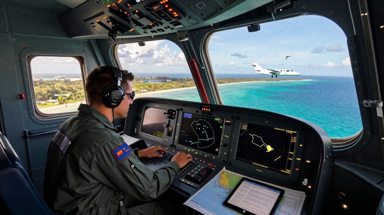 Piloto dentro da cabine de comando de um avião, com rádio, painel de instrumentos e vista para outro avião a voar.
