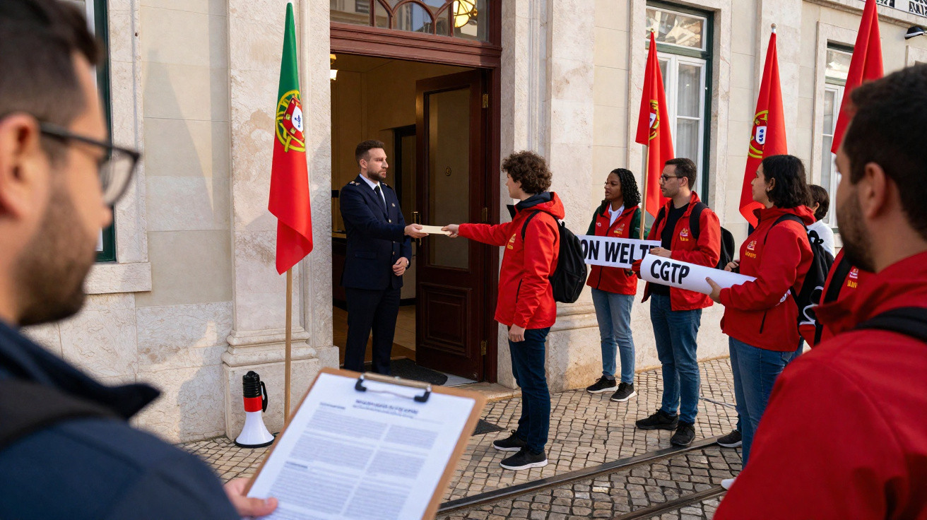 Grupo de manifestantes entrega petição a funcionário à porta de edifício oficial em Portugal.