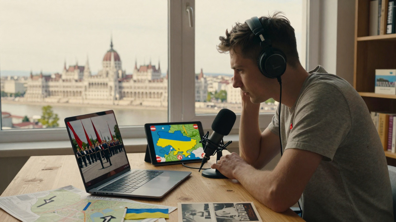 Homem com auscultadores a gravar podcast sobre geopolítica, com mapas e bandeira da Ucrânia à frente.