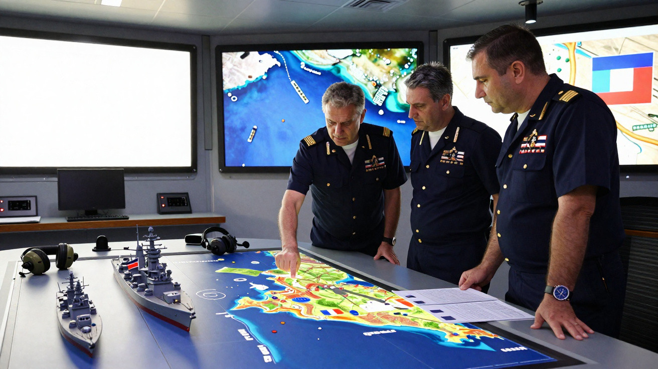 Três oficiais na sala de comando analisam mapas e modelos de navios numa mesa interativa.