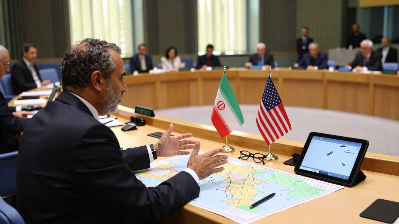 Homem a gesticular numa reunião diplomática com bandeiras do Irão e EUA na mesa e mapa à frente.